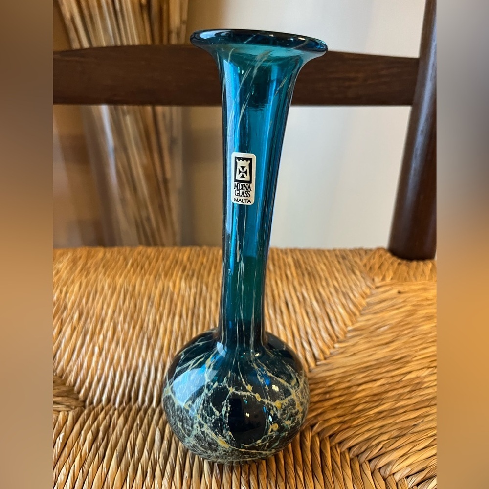 Vintage Mdina Art Glass Bud Vase made in Malta Azure Blue Sea & Sand MCM
